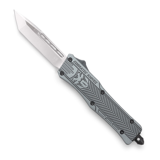CobraTec Knives CTK-1 Small OTF Automatic Folding Knife 2.75in D2 Steel Tanto Non-Serrated Blade Grey Handle - Cobratec Knives