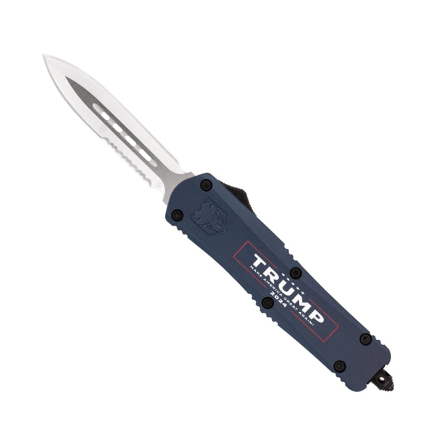 CobraTec Knives Trump 2024 Medium OTF 3 in Fixed Blade Knife D2 Steel Blade Cerakoted Handle Dagger 1 Side Serrated Blue - Cobratec Knives