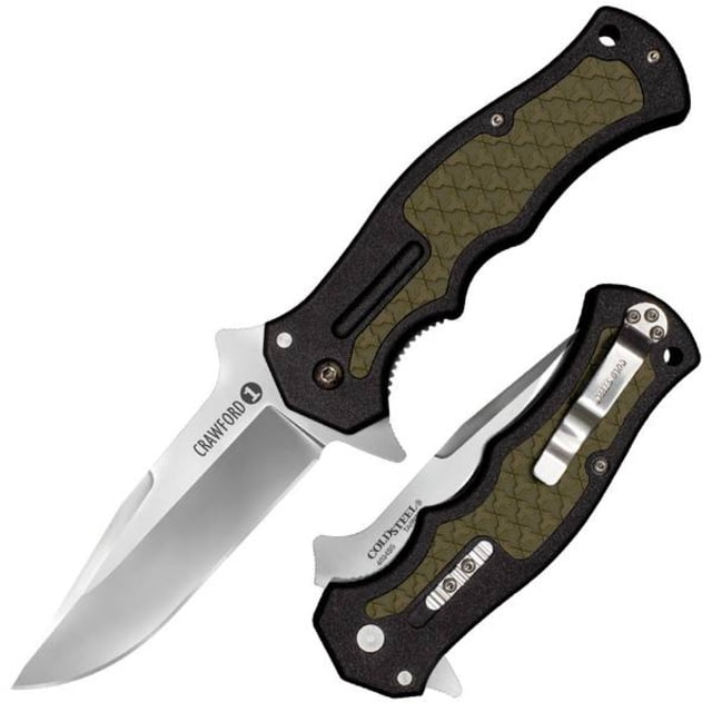 Cold Steel Crawford 1 Folding Knife by Wes Crawford 3in 4034 Stainless Steel Folding Plain Clip Point Blade Black w/OD Green Traction Inlays GRN