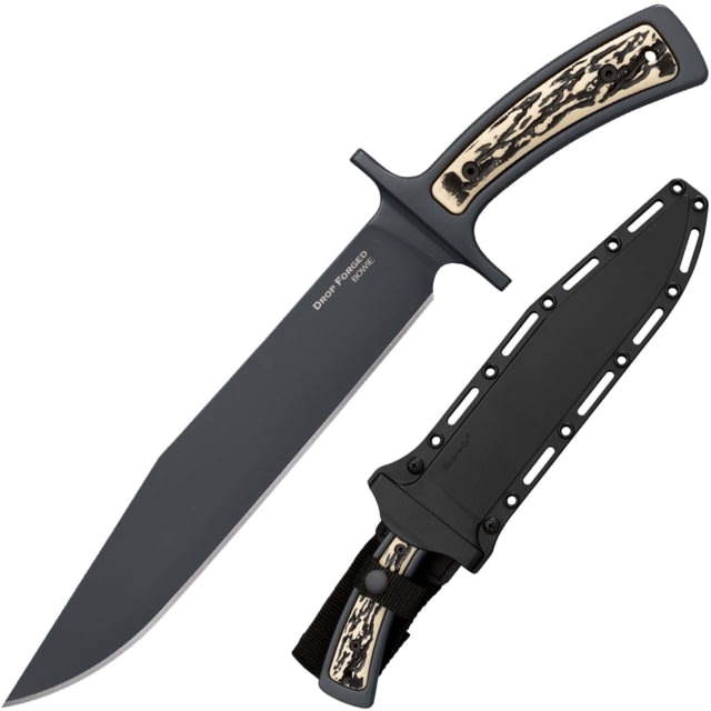 Cold Steel Drop Forged Bowie Fixed Blade Knife 9.5in 52100 High Carbon Steel Fixed Plain Bowie Black Blade Black & Ivory Faux Stag Handle