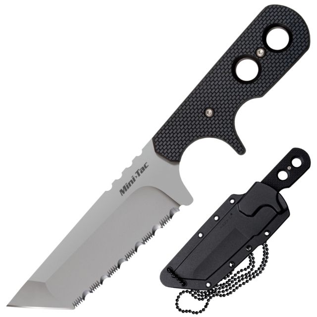 Cold Steel Mini Tac 6.5in Tanto Fixed Blade Neck Knife Serrated Japanese AUS8A Stainless Blade Griv-Ex Handle