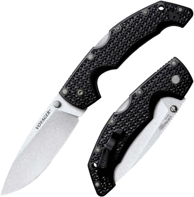 Cold Steel Voyager Large Folding Knife 4in AUS 10A Steel Blade Folding Plain Drop Point Stone Washed Blade Black Textured Griv-Ex Handle