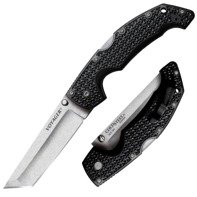 Cold Steel Voyager Large Folding Knife Tanto 4in Blade Plain Edge AUS10A Steel Blade Black Grive-Ex Handle