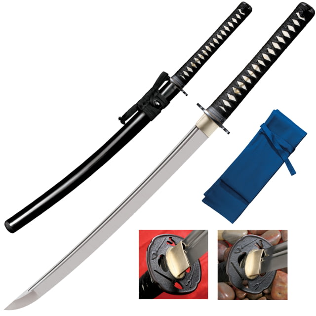 Cold Steel Wakizashi Long Handle Sword 21in 1060 Carbon Black Ray Skin Handle w/ Black Braid Cord and Brass Menuki