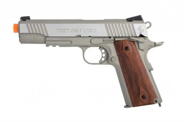 Colt 1911 Rail Gun CO2 Blowback Full Metal Silver w/Wood Colored Grip - Colt