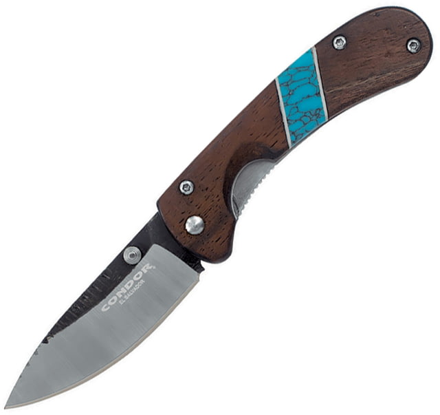 Condor Blue River Hunter Linerlock Folding Knife 3" natural 440C stainless blade Walnut handle with Reconstituted turquoise inlay - Condor Tool And Knife