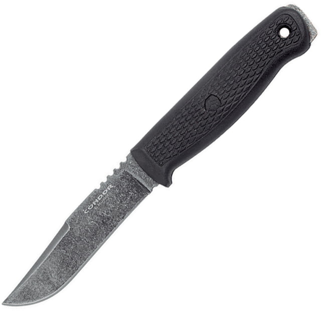Condor Bushglider Knife Black 4.25" black stonewash finish 1095HC steel clip poi Black textured polypropylene handle - Condor Tool And Knife