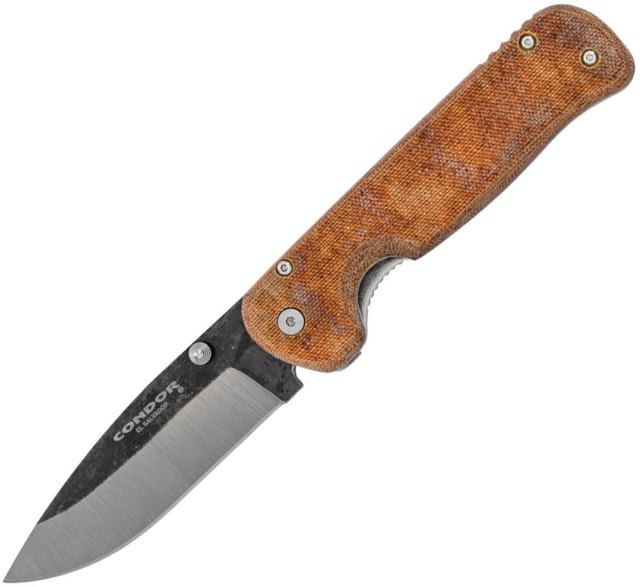 Condor Krakatoa Linerlock Desert Folding Knife 3.5" natural finish 1095HC steel blade Desert tan canvas micarta handle - Condor Tool And Knife