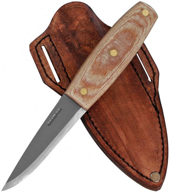 Condor Tool and Knife Primitive Mountain Knife Fixed Blade Knife 4in 1075HC Steel Drop Point Satin Natural Canvas Micarta Handle - Condor Tool And Knife