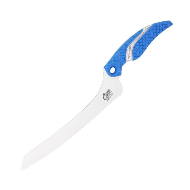 Cuda 9in Titanium Bonded Offset Serrated Knive Titanium Bonded Blade Non-Slip Cuda Scale Pattern Grip - Cuda
