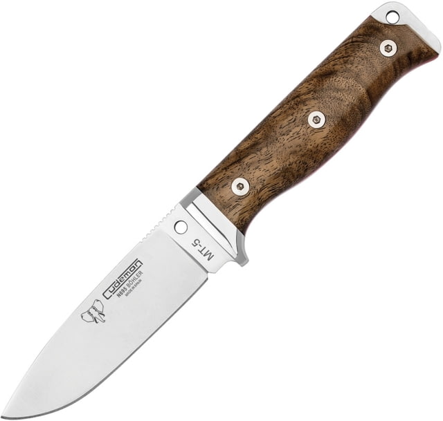 Cudeman MT5 Survival Knife Walnut Fixed Blade Knife 8.88in Overall 4.25in Satin Bohler N695 SS Drop Point Polished Walnut Handle SS Guard Red Liners - Cudeman