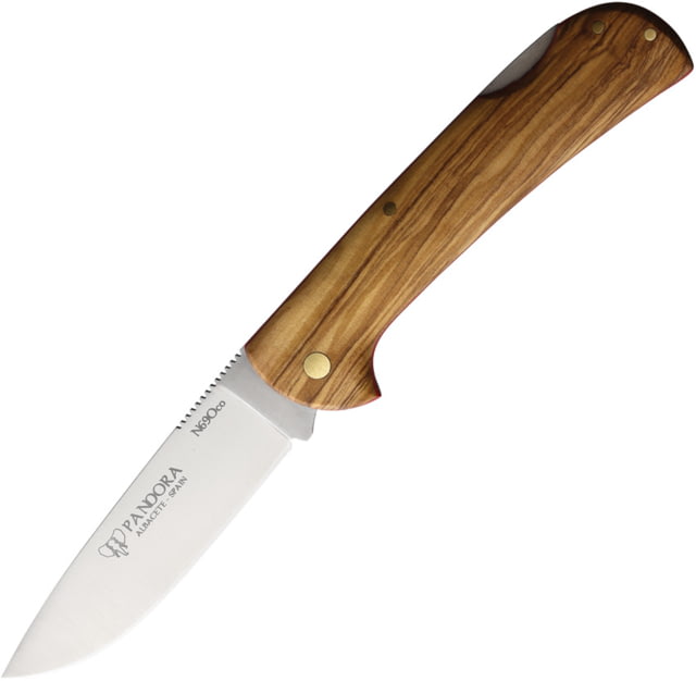 Cudeman Pandora Olive Folding Knife 4.75in Closed 3.75in Satin Bohler N690 SS Blade Olive Wood Handle Brown Leather Belt Sheath - Cudeman