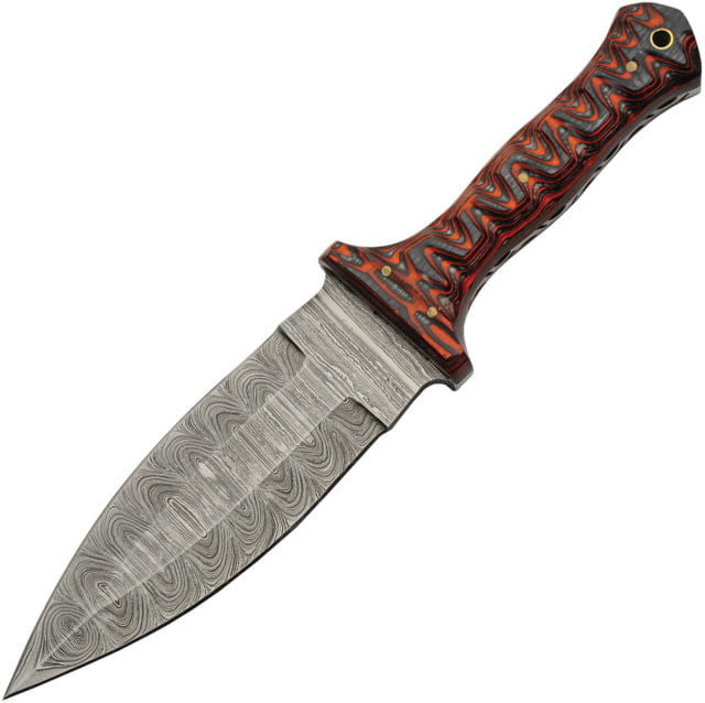 Damascus 10.5 Spear Bld Ws 6.00 in Fixed Blade Knife Black and red sculpted wood