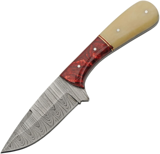 Damascus 8.5 Deep Bone Ws 4.00 in Fixed Blade Knife Camel bone and red acrylic