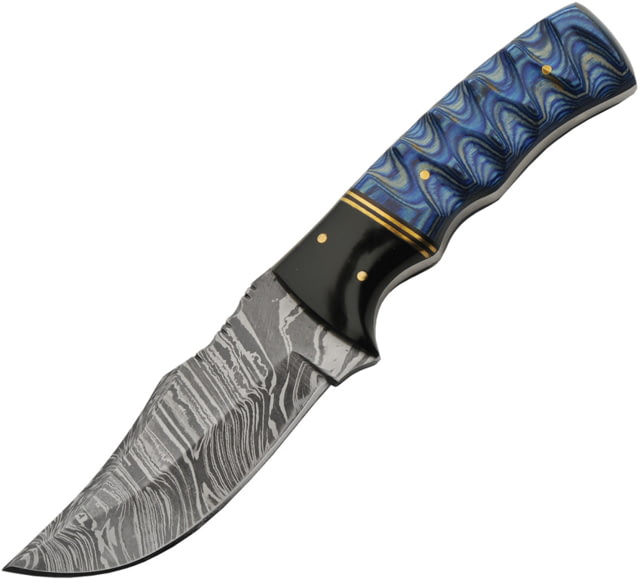 Damascus Lake Ripple Hunter 4.00 in Fixed Blade Knife Blue sculpted pakkawood - Damascus