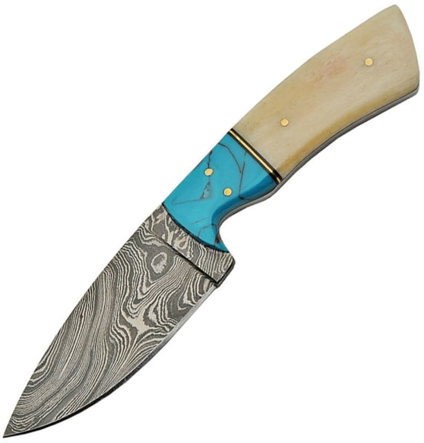 Damascus Bone Knife 8.5in Overall 4in Damascus Steel Blade Smooth Bone And Turquoise Handle Brown Leather Sheath - Damascus