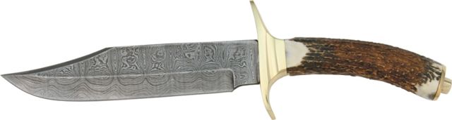 Damascus Bowie Fixed Knife 11 1/2in damascus Steel Blade Stag Handle with brass finger guard and pommel - Damascus