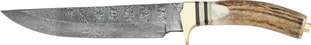 Damascus Bowie Fixed Knife 13 1/4in damascus Steel bowie Blade with filework on spine Stag Handle with brass finger guard and pommel