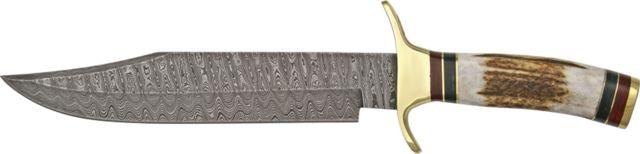 Damascus Bowie Fixed Knife damascus Steel bowie Blade Stag Handle with brass guard and pommel