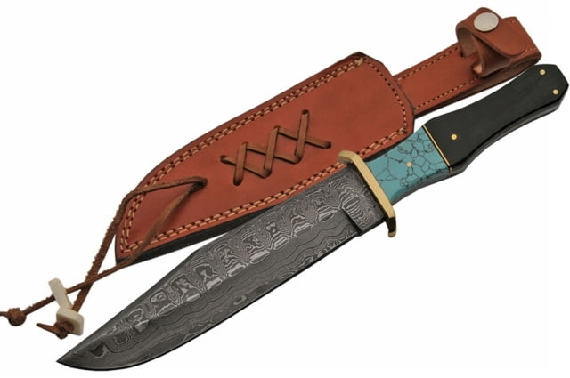 Damascus Bowie Knife 12.25in Overall 7.25in Damascus Steel Clip Point Blade Brass Guard Horn And Turquoise Handle Brown Leather Sheath - Damascus