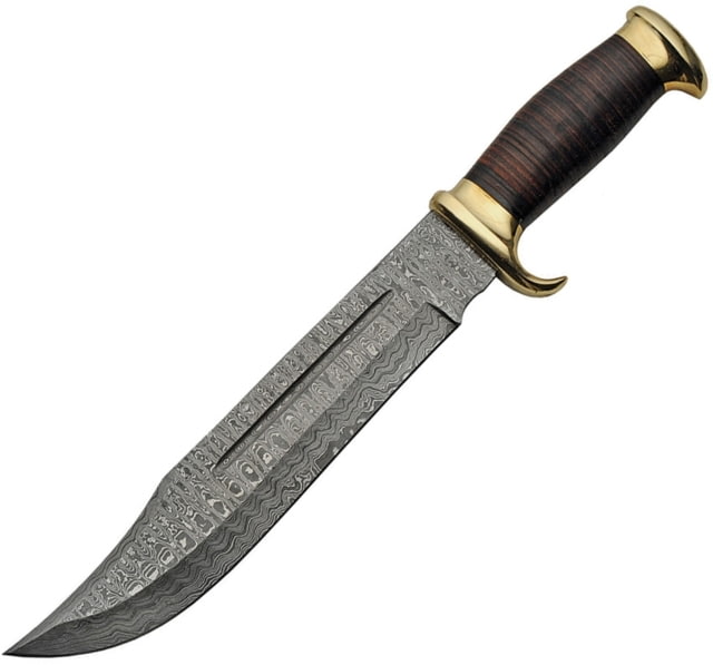 Damascus Bowie Knife 16.25in Overall 10.5in Damascus Steel Clip Point Blade Stacked Leather Handle Brass Guard Brown Leather Sheath - Damascus