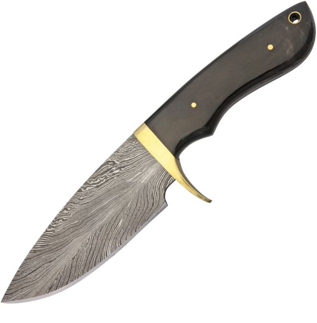 Damascus Hunter Horn Handle Fixed Blade Knife 4.5in Damascus Steel Black Horn Handle