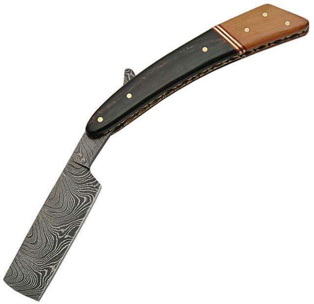 Damascus Razor Folding Knife4inDamascus Steel Black Walnut Wood and Horn Handle - Damascus