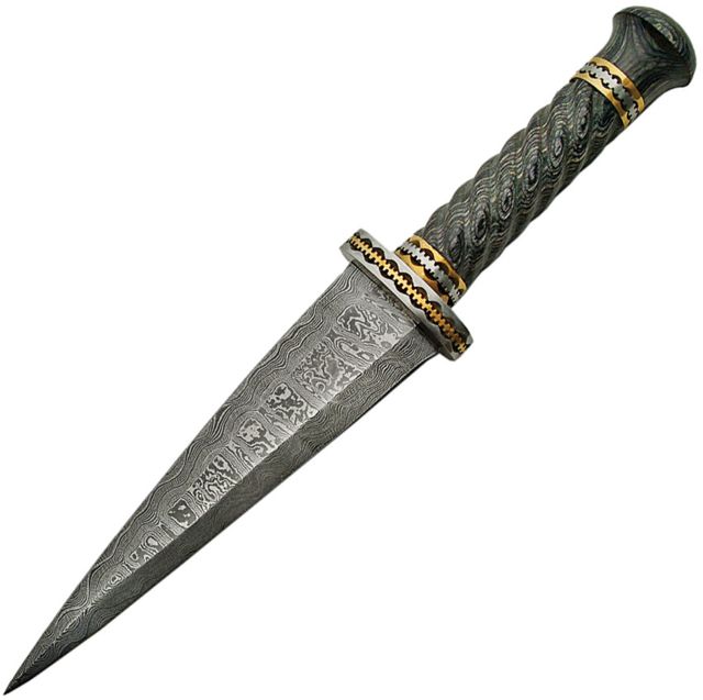 Damascus Dirk Pakkawood Handle Fixed Blade Knife 7in Damascus Steel Double Edge Dagger Black Pakkawood Handle