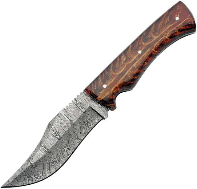 Damascus Firepeak Hunter 4.25 in Fixed Blade Knife Brown and red acrylic - Damascus