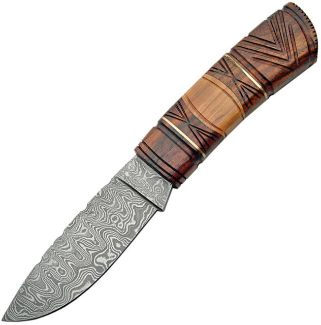 Damascus Fixed Blade Carved Wood Handle Fixed Blade Knife 4.5in Damascus Steel Rosewood Handle - Damascus