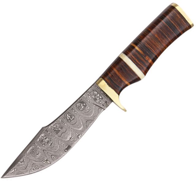 Damascus Fixed Blade Hunter w/ Leather Handle - Damascus