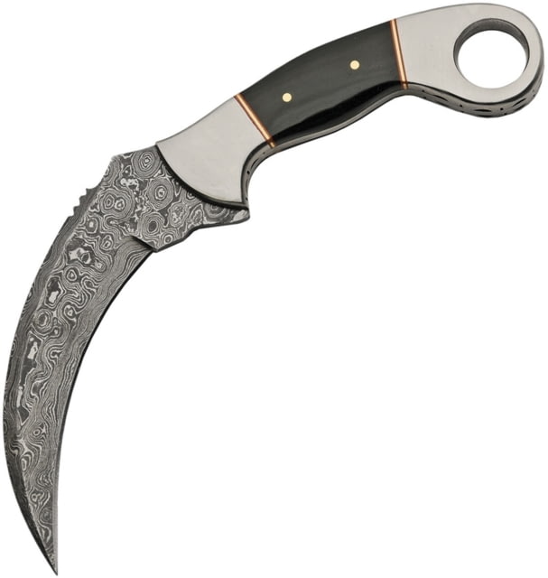 Damascus Fixed Blade Karambit Knife 8.5in Overall 4.25in Damascus Steel Karambit Blade Horn Handle SS Guard Finger Ring Black Leather Sheath - Damascus