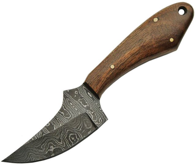 Damascus Fixed Blade Skinner Wood Fixed Blade Knife 2.875in Damascus Steel Standard Edge Brown Wood Handle - Damascus