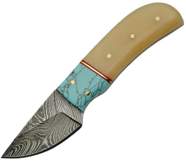 Damascus Fixed Blade Turquoise Fixed Blade Knife 2in Damascus Steel Standard Edge White Bone Handle - Damascus