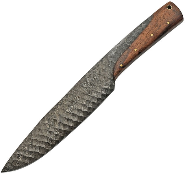 Damascus Flint Fantasy Knife 12in Overall 7in Damascus Steel Blade Brown Wood Handle Brown Leather Sheath
