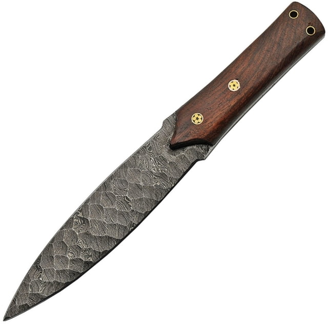 Damascus Flint Spear Hunter Knife 12in Overall 6.75in Double Edge Damascus Steel Spear Point Blade Brown Wood Handle Brown Leather Sheath - Damascus