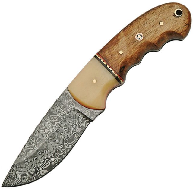 Damascus Hunter Fixed Blade Knife 3.5in Damascus Steel Standard Edge Bone and Walnut Handle - Damascus