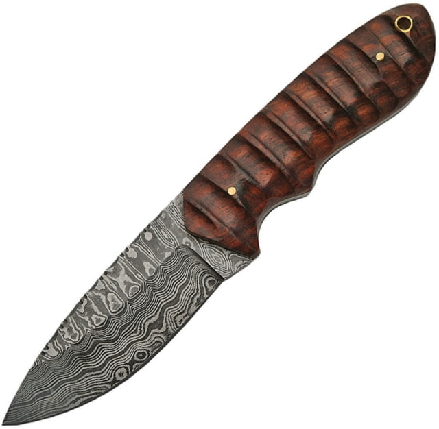 Damascus Hunter Grooved Rosewood Knife 8.5in Overall 4in Damascus Steel Drop Point Sculpted Rosewood Handle Brown Leather Sheath - Damascus