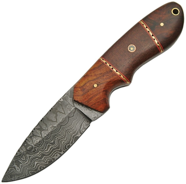 Damascus Hunter Micarta Rosewood Knife 8.5in Overall 4in Damascus Steel Blade Rosewood And Brown Micarta Handle Brown Leather Sheath - Damascus