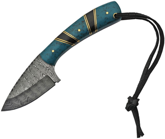 Damascus Hunter Turquoise Knife 3" Damascus steel blade Black and blue synthetic handle - Damascus