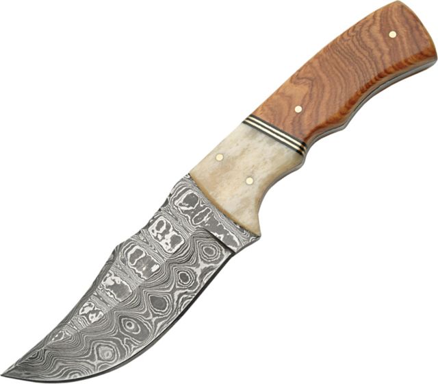 Damascus Hunter Wood and Bone Handle Fixed Blade Knife 4in Damascus Steel Olive Wood Handle - Damascus