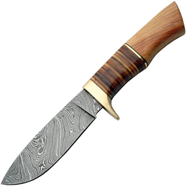 Damascus Hunter Wood/Leather Handle Fixed Blade Knife 4.75in Damascus Steel Olive Wood Handle - Damascus