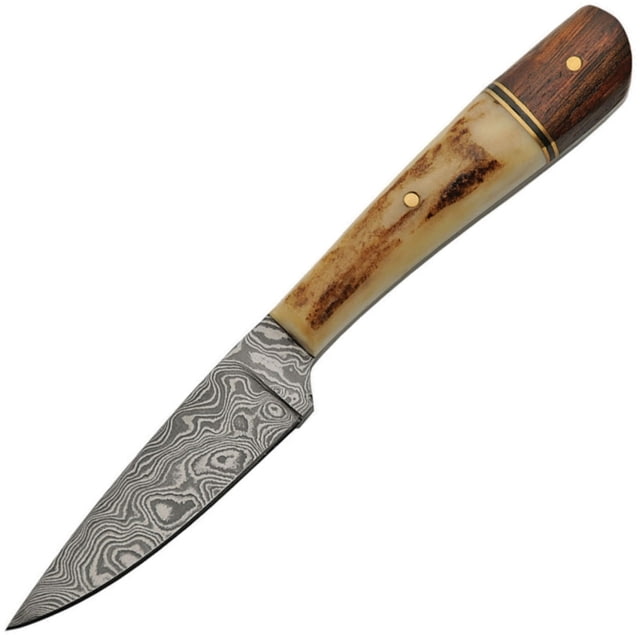 Damascus Knife 7in Overall 3in Damascus Steel Blade Stag Bone And Rosewood Handle Brown Leather Sheath - Damascus