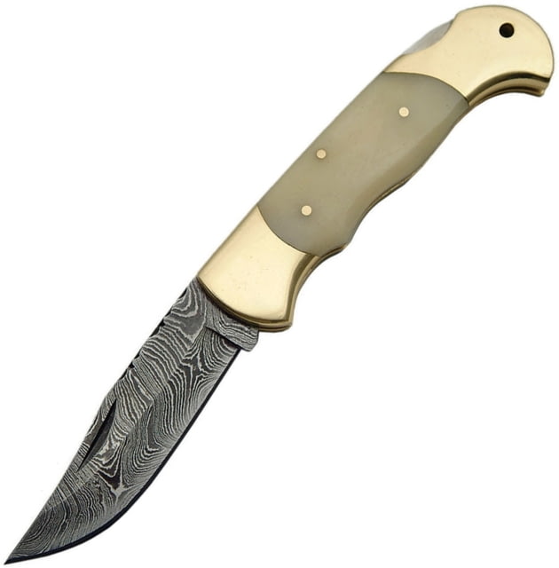 Damascus Lockback Bone Folding Knife 3.25in Damascus Steel Clip Point Blade White Smooth Bone - Damascus