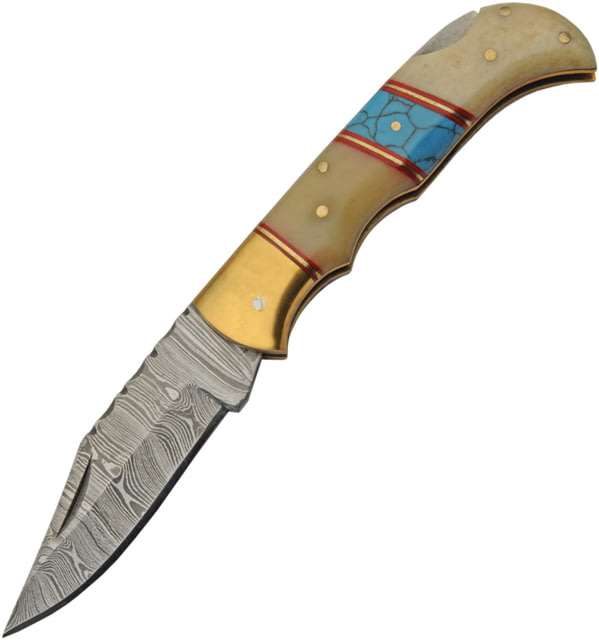 Damascus Lockback Bone/Turquoise 3.00 in Folding Knife White smooth bone - Damascus