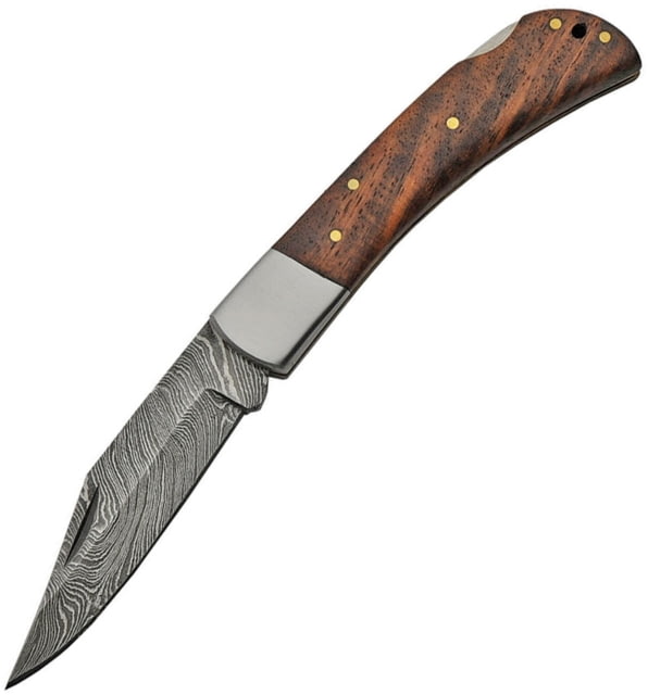 Damascus Lockback Folding Knife 3.25in Damascus Steel Clip Point Blade Brown Wood - Damascus