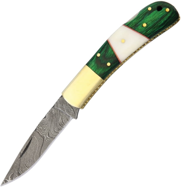 Damascus Lockback Folding Knife 3in Damascus Steel Drop Point Brass Bolster Green Pakkawood And White Bone - Damascus