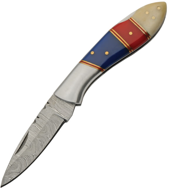 Damascus Red Blue Folding Knife 4.25in Closed 3in Damascus Steel Blade Red/Blue ABS/Natural Bone Handle Brown Leather Belt Sheath