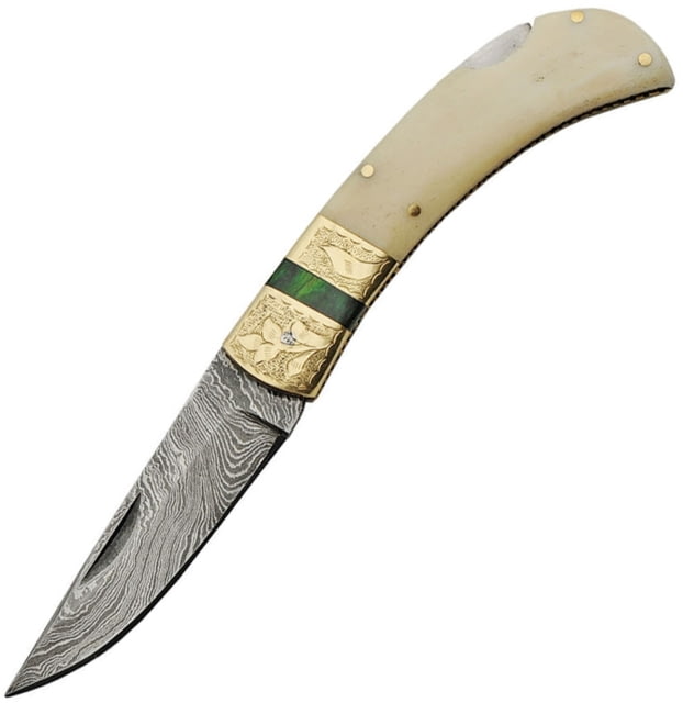 Damascus Lockback Smooth Bone Folding Knife 3in Damascus Steel Clip Point Blade White Smooth Bone - Damascus