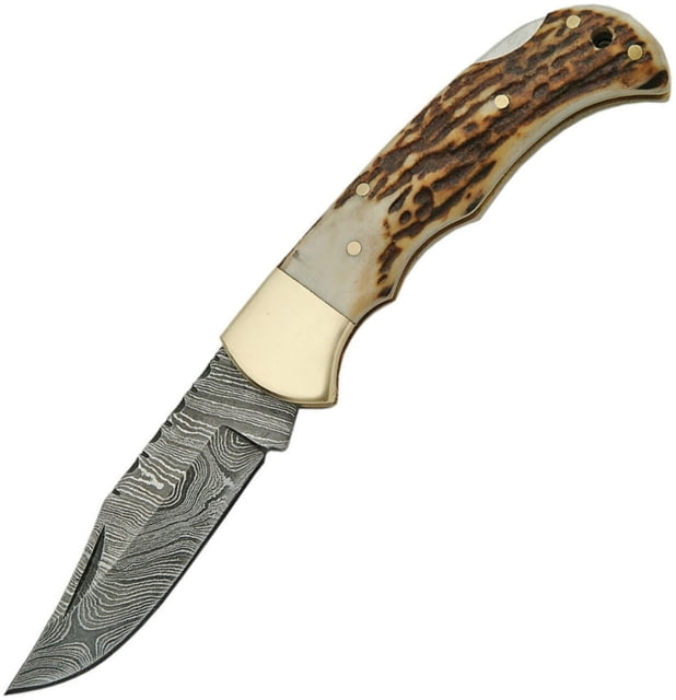 Damascus Lockback Stag Folding Knife 2.75in Damascus Steel Clip Point Blade Stag Bone - Damascus